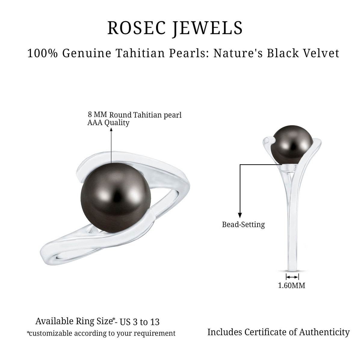 Tahitian black pearl solitaire bypass engagement ring by Rosec Jewels featuring a large black pearl on a sleek gold band.