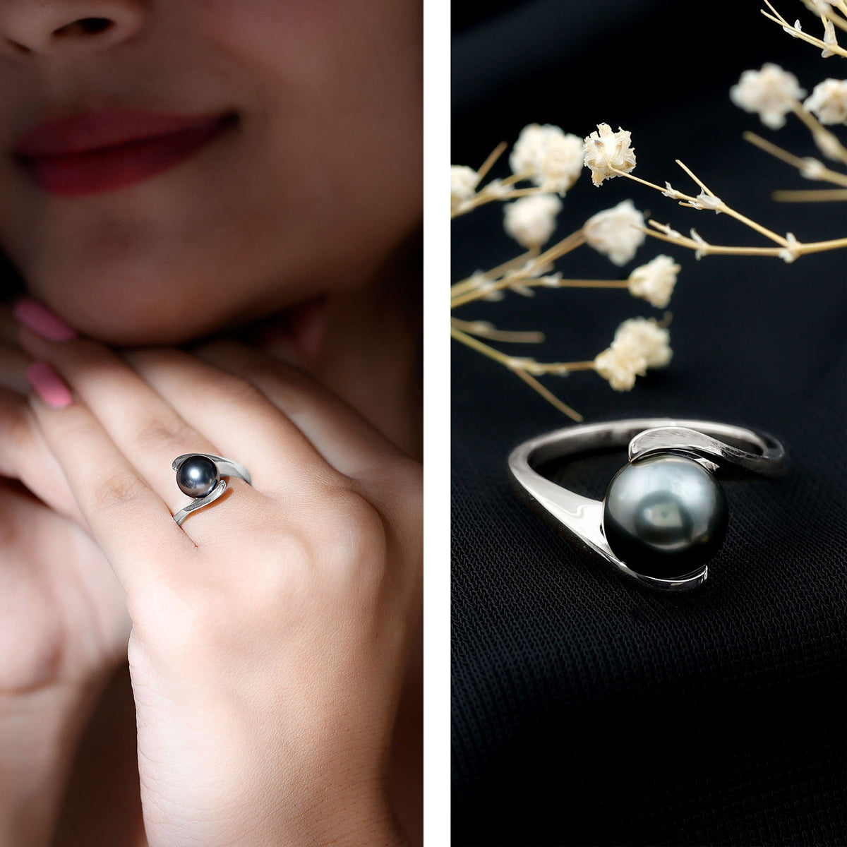 Tahitian black pearl solitaire bypass engagement ring by Rosec Jewels featuring a black pearl and elegant bypass design.