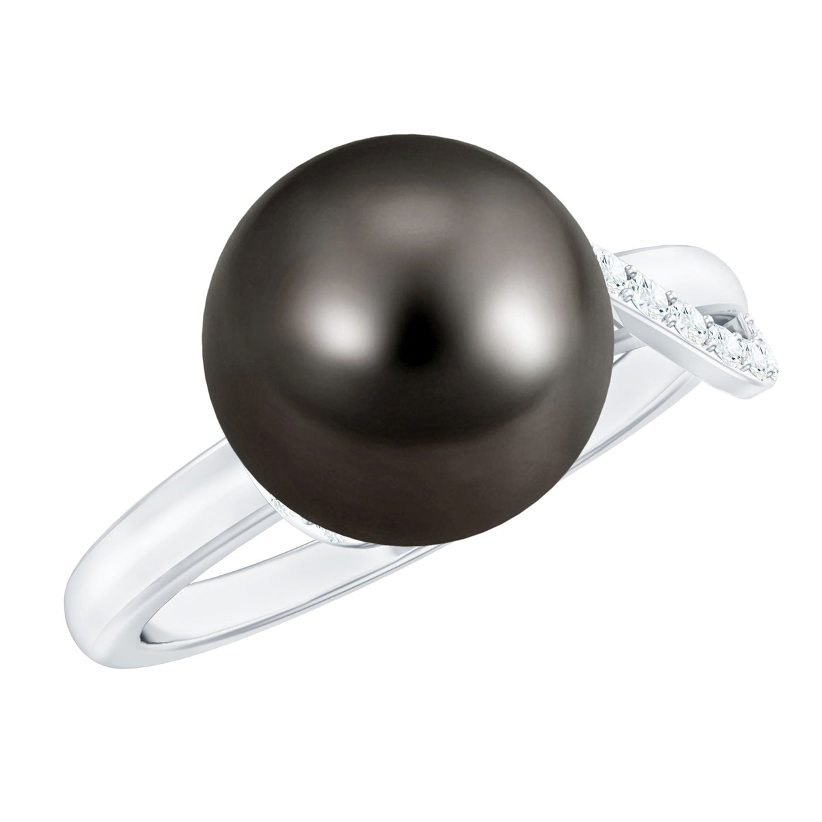 Tahitian pearl solitaire engagement ring with diamond accents by Rosec Jewels, showcasing a large black pearl and elegant band.