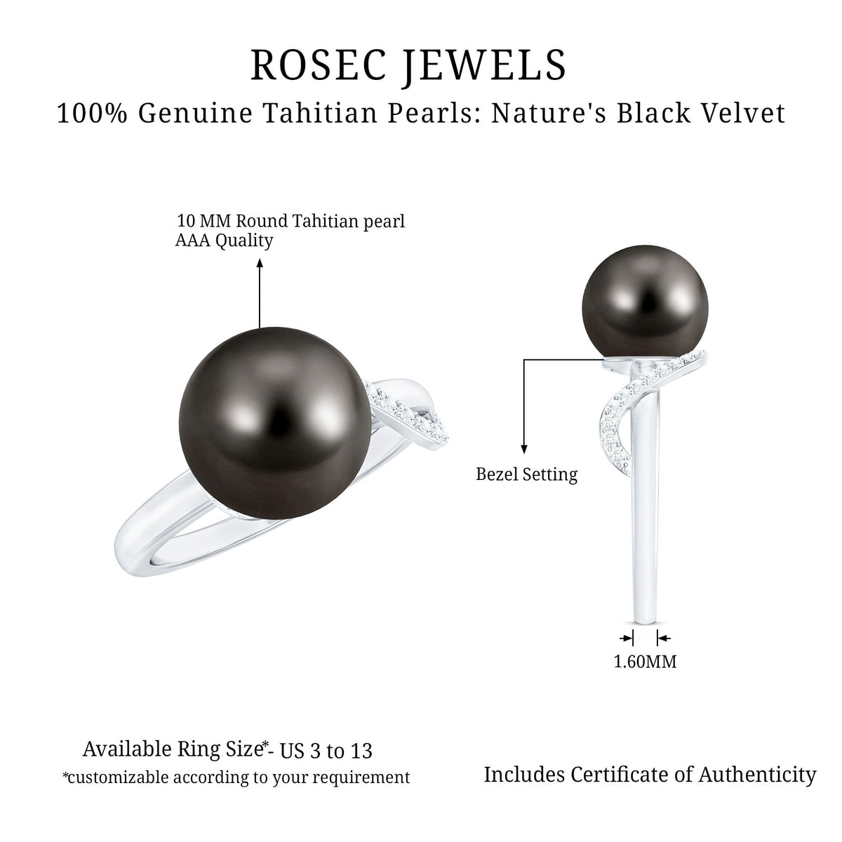 8-carat Tahitian pearl solitaire engagement ring with diamond accents, featuring a Rosec Jewels gold band and elegant design.