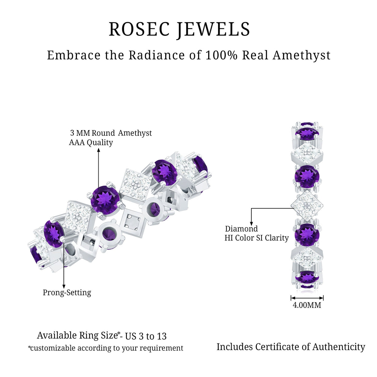 Natural amethyst diamond eternity ring for women featuring a continuous row of purple amethysts and sparkling diamonds by Rosec Jewels.