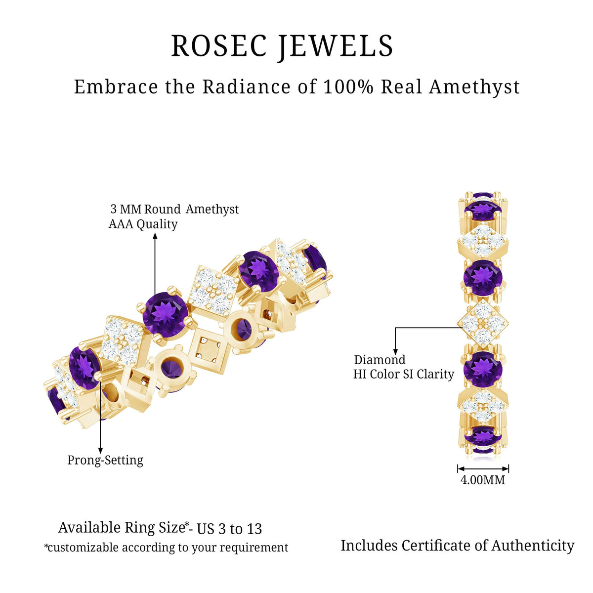 Natural amethyst diamond eternity ring for women featuring a continuous band of purple amethysts and sparkling diamonds by Rosec Jewels.
