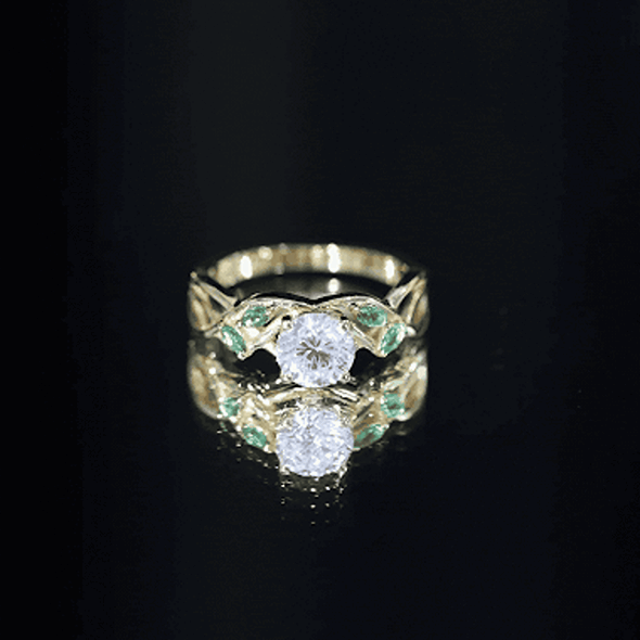 Lab grown diamond engagement ring with emerald cut stone, yellow gold band from Rosec Jewels, elegant and sparkling jewelry piece.
