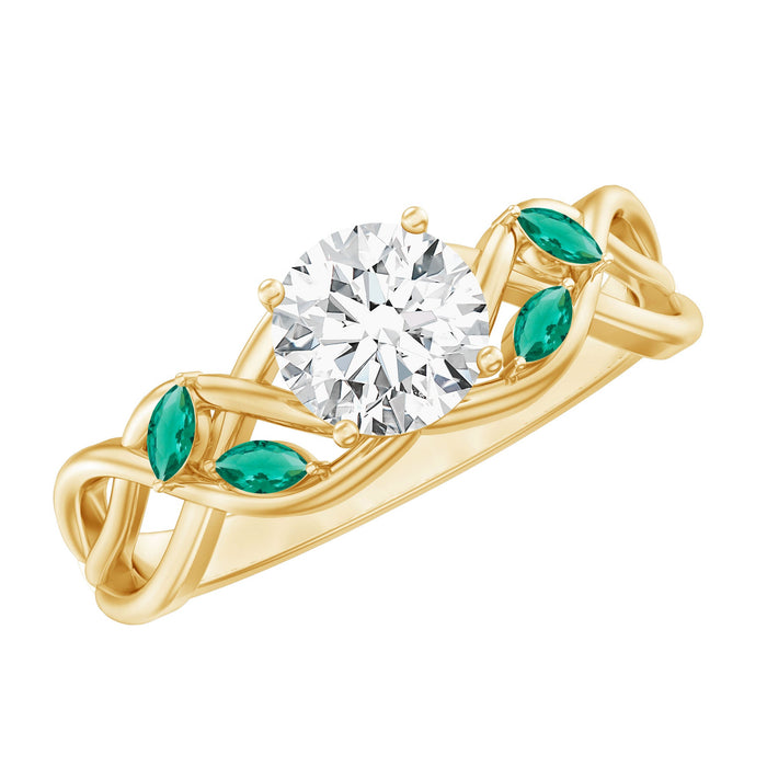 Lab grown diamond engagement ring with emerald accent from Rosec Jewels, showcasing a sparkling central diamond and intricate band design.