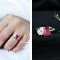 Lab Created Pink Sapphire and Moissanite Toi Et Moi Engagement Ring for Women
