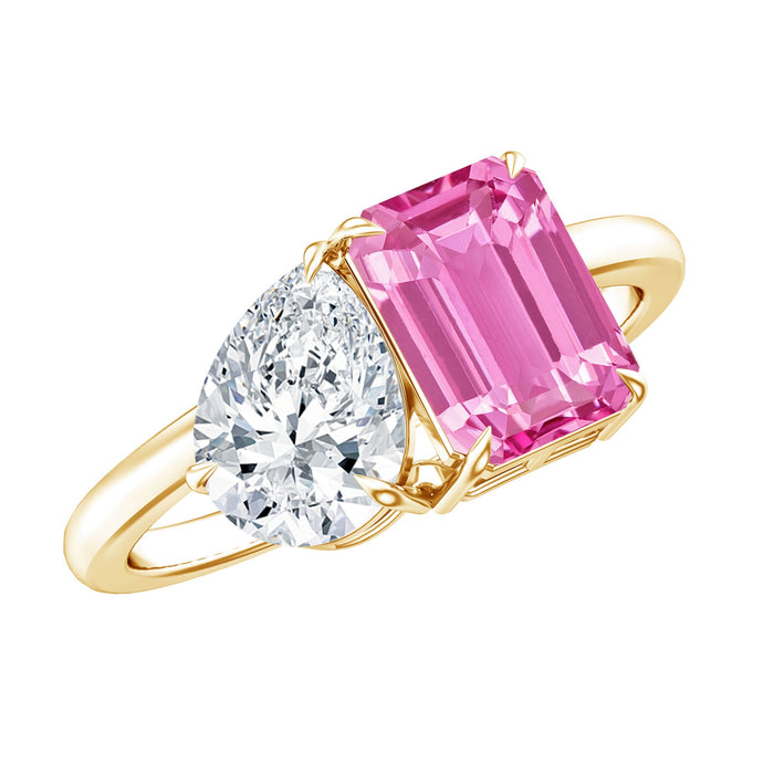 Lab-created pink sapphire and moissanite Toi Et Moi engagement ring for women by Rosec Jewels, featuring sparkling gemstones and elegant design.