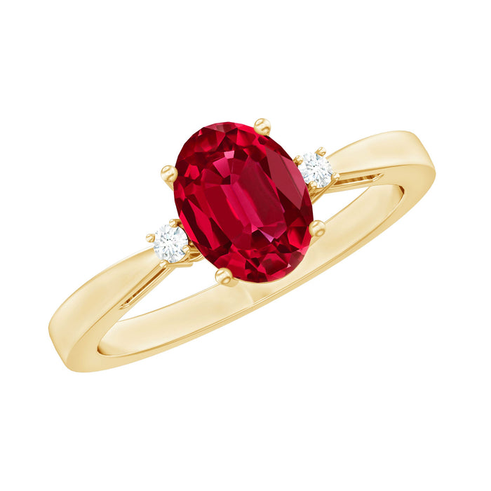 Oval lab-grown ruby engagement ring with diamond accent from Rosec Jewels, showcasing the elegant ring design and gemstone details.