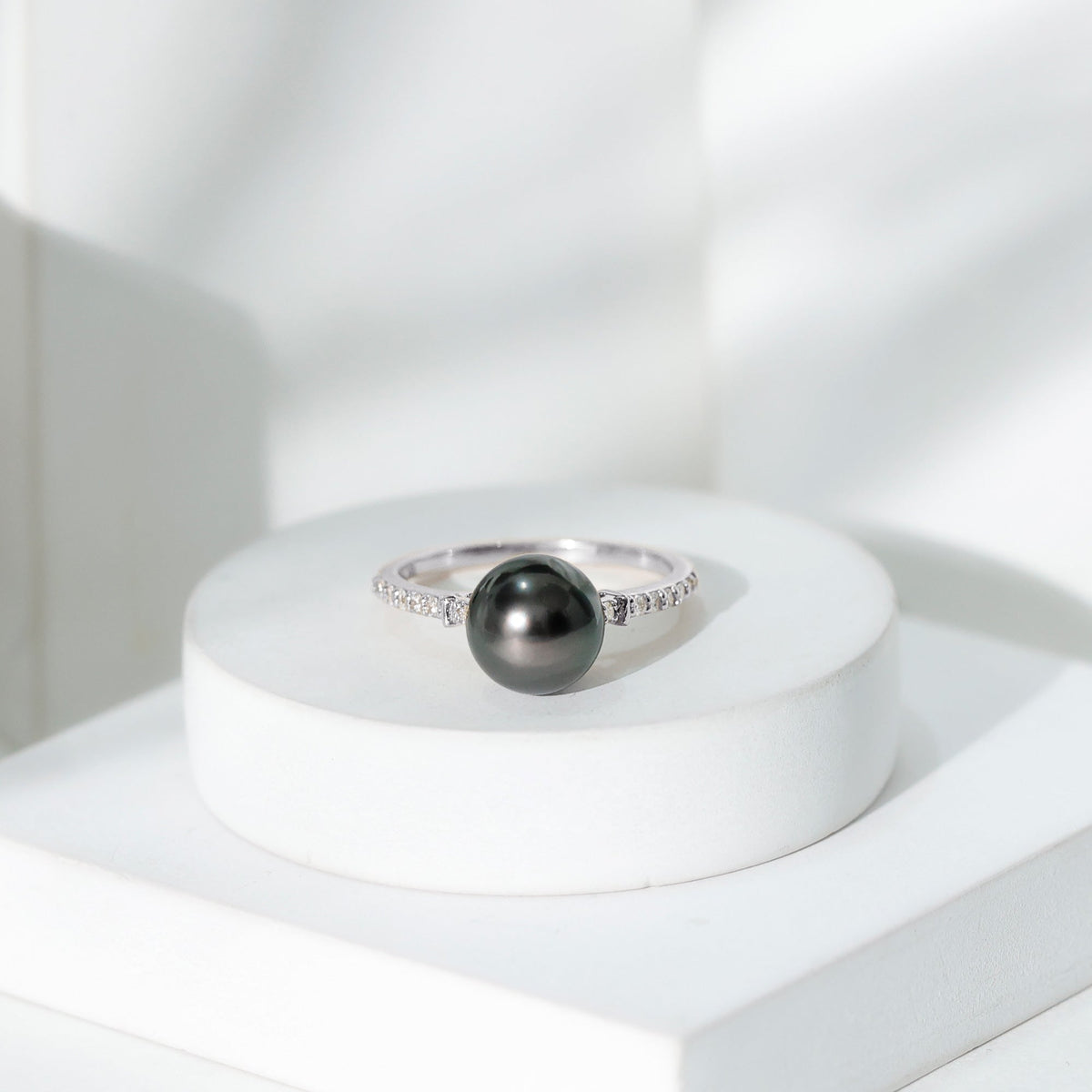 Classic Black Pearl Ring with Diamond Side Stones