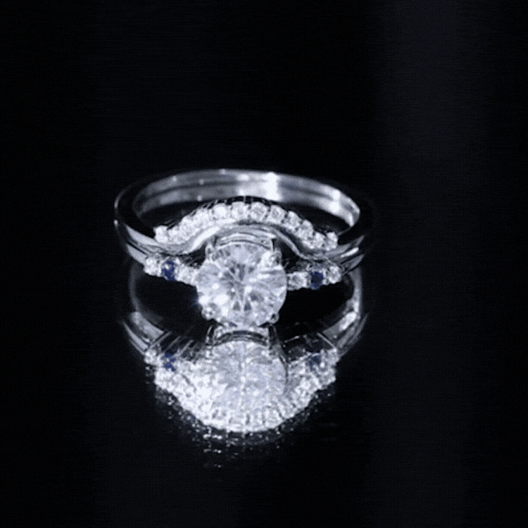 Yellow gold moissanite engagement ring with matching wedding band from Rosec Jewels, featuring 8mm center stone and elegant design.