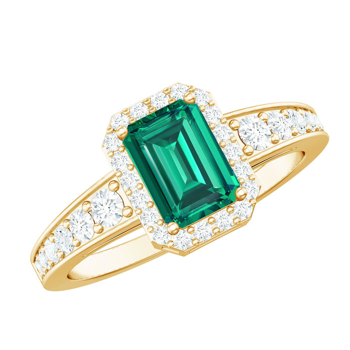 Certified lab-grown emerald cut emerald vintage engagement ring with diamond, showcasing a Rosec Jewels ring design.