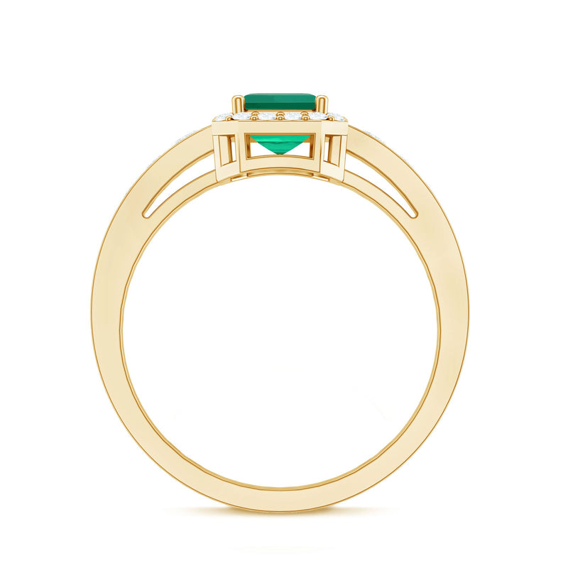 Certified lab-grown emerald cut emerald vintage engagement ring with diamond accents, featuring a Rosec Jewels design.