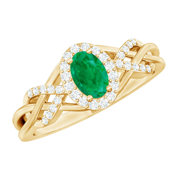 Rosec Jewels emerald oval engagement ring with diamond halo, featuring a stunning green gemstone and sparkling diamond accents.