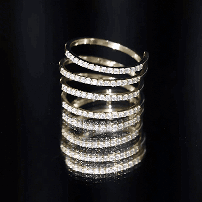 Yellow certified moissanite spiral wrap ring by Rosec Jewels featuring sparkling moissanite stones and a unique spiral design.