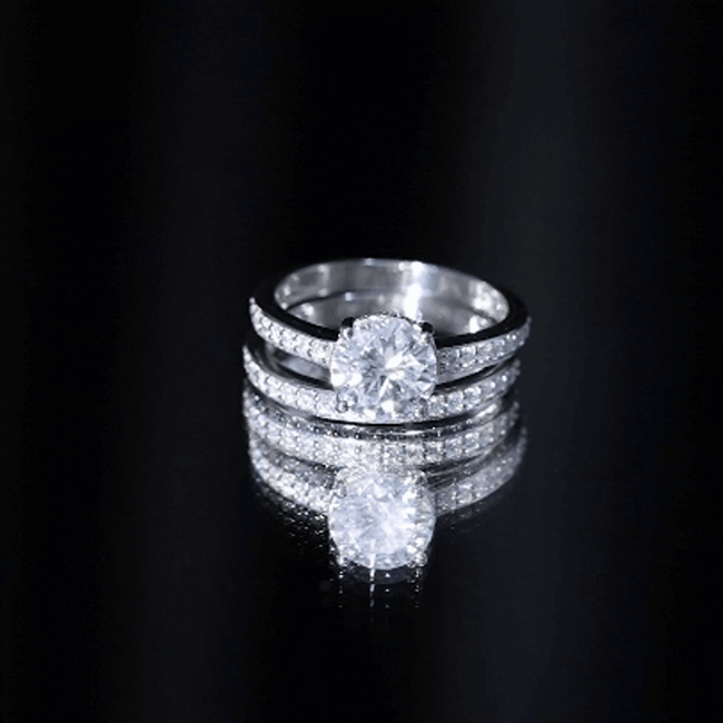Yellow gold Certified 2 Carat Moissanite Solitaire Wedding Ring Set by Rosec Jewels featuring a prominent central stone and elegant band.