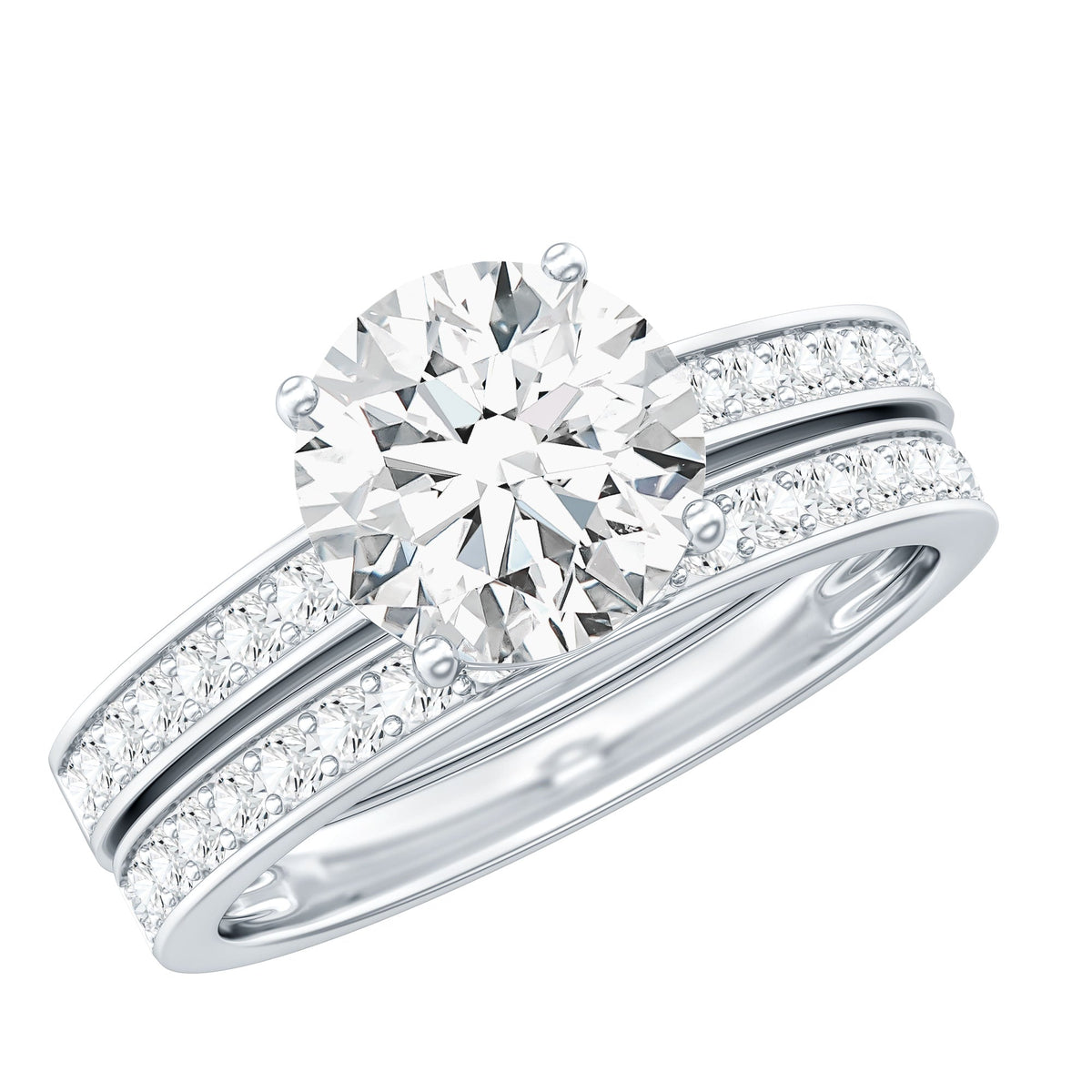 Certified 2 carat Moissanite solitaire wedding ring set by Rosec Jewels featuring a sleek, elegant design with a central gemstone.