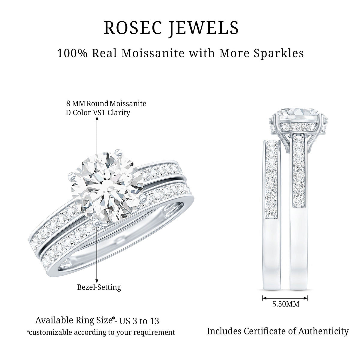 Certified 2 Carat Moissanite Solitaire Wedding Ring Set by Rosec Jewels, featuring a sparkling center stone and elegant band design.