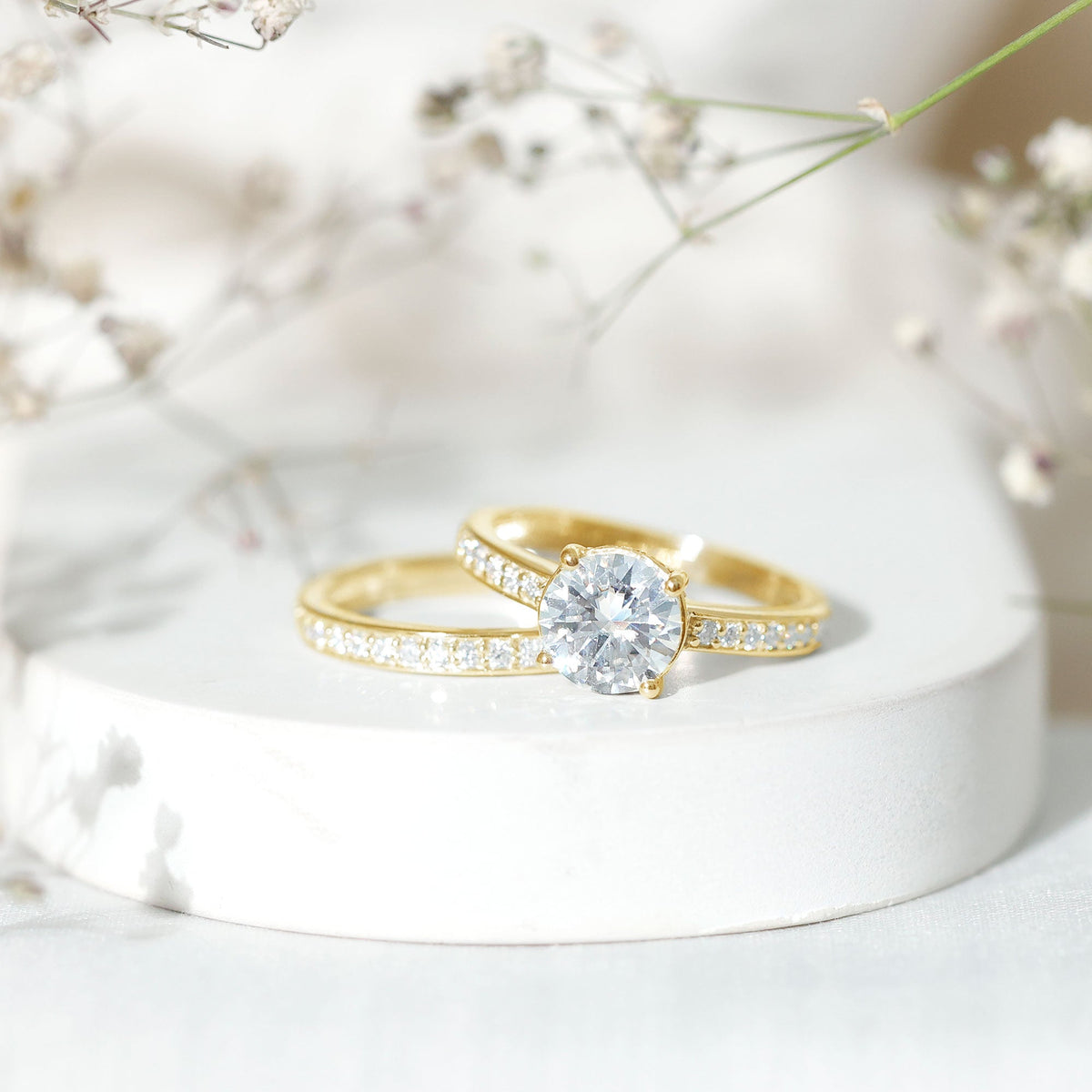 Certified 2 Carat Moissanite Solitaire Wedding Ring Set by Rosec Jewels, featuring elegant rings with sparkling solitaire moissanite stones.
