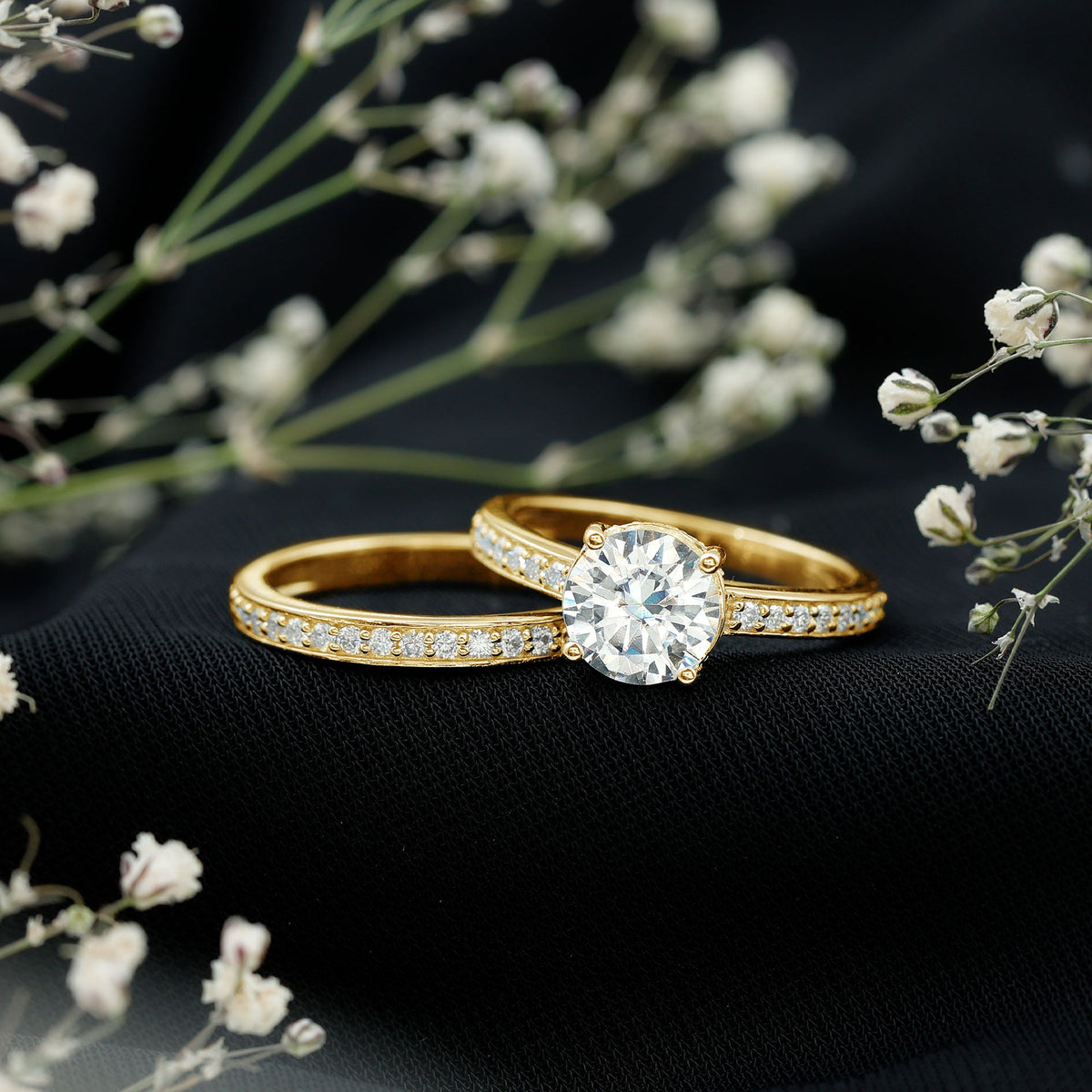 Certified 2 Carat Moissanite Solitaire Wedding Ring Set by Rosec Jewels, featuring a sparkling single moissanite stone on a polished band.