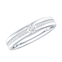 Bezel set diamond unisex wedding band from Rosec Jewels, showing a sleek silver ring with a central diamond in a bezel setting.