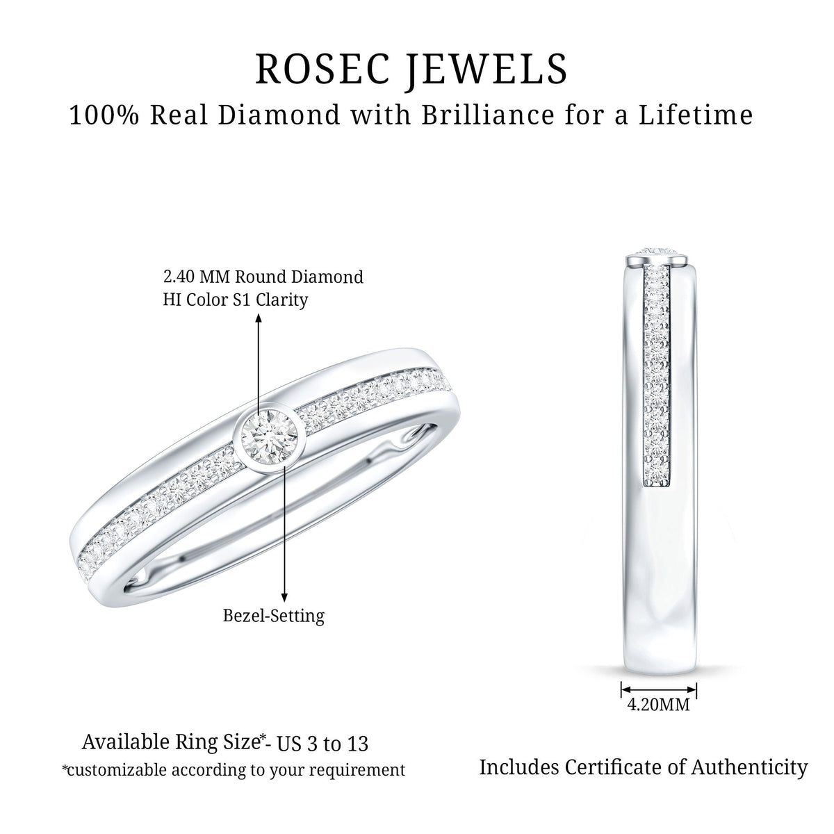 Bezel set diamond unisex wedding band by Rosec Jewels, featuring a sleek design with sparkling diamonds on a polished ring.