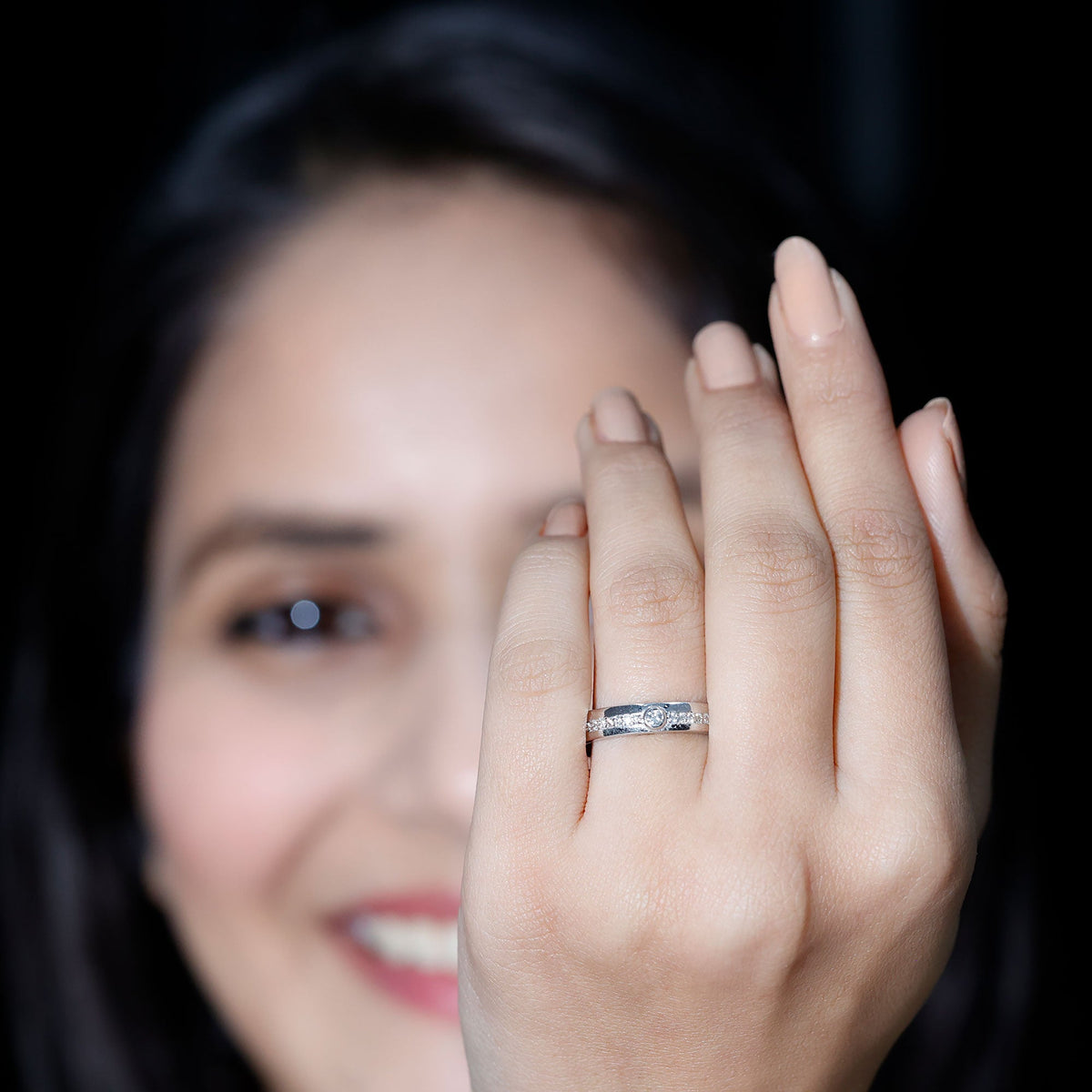 Bezel set diamond unisex wedding ring by Rosec Jewels, featuring a sleek band with sparkling diamonds and a modern design.