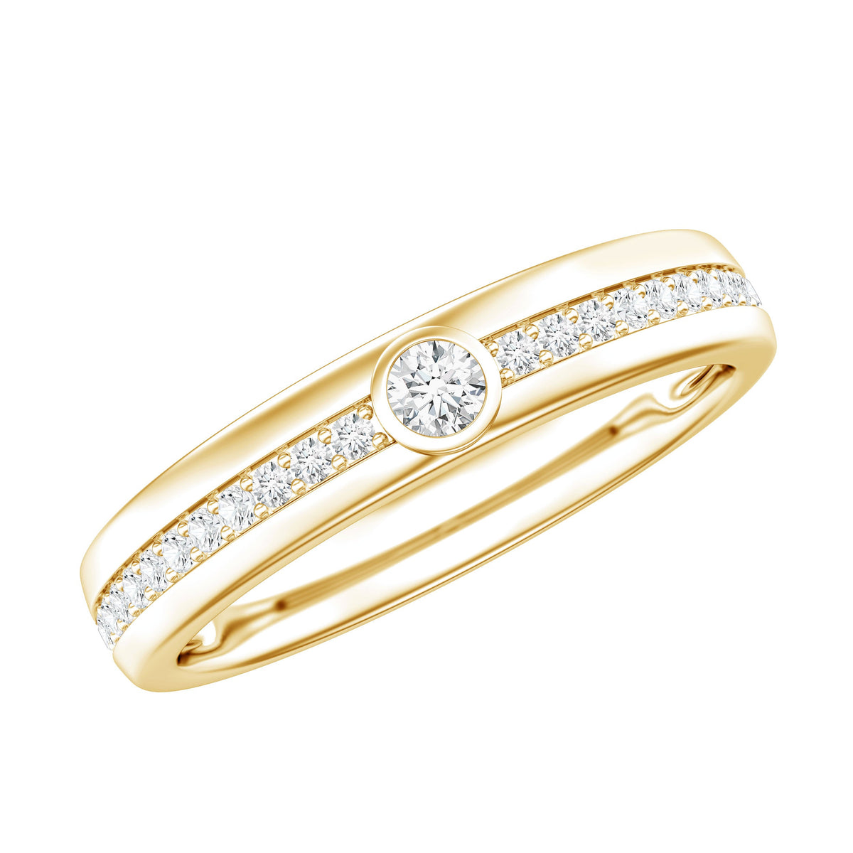 Bezel set diamond unisex wedding band by Rosec Jewels, showing a sleek silver ring with a central diamond in a bezel setting.