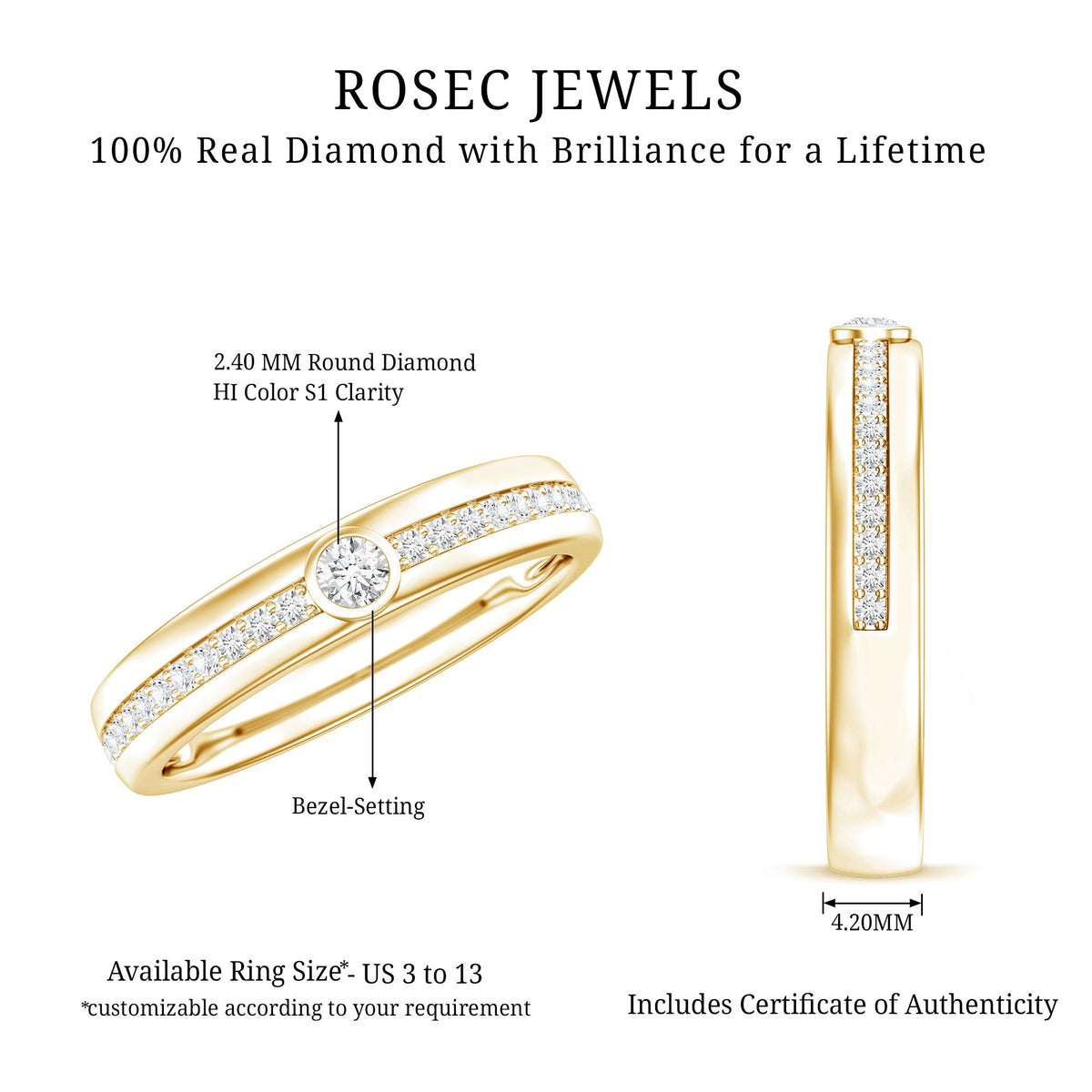 Unisex wedding band with bezel-set diamonds from Rosec Jewels, showcasing a sleek ring design with sparkling diamond accents.