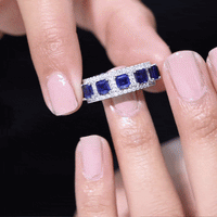 Princess Cut Lab Created Blue Sapphire Statement Wedding Band with Moissanite