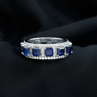 Princess Cut Lab Created Blue Sapphire Statement Wedding Band with Moissanite