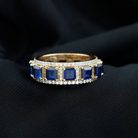 Princess Cut Lab Created Blue Sapphire Statement Wedding Band with Moissanite