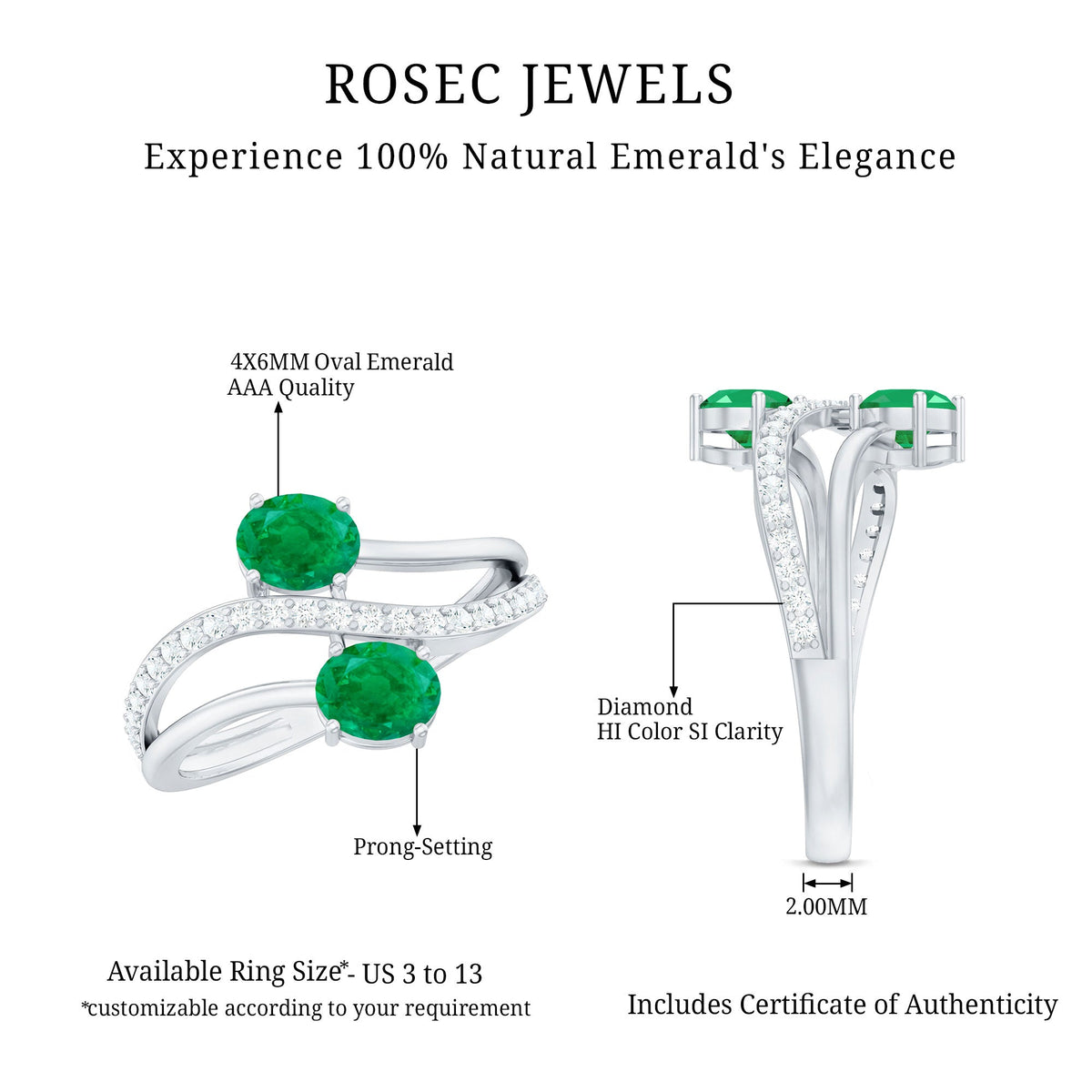 Natural certified emerald two-stone engagement ring with side diamonds from Rosec Jewels, showcasing a elegant green gemstone design.