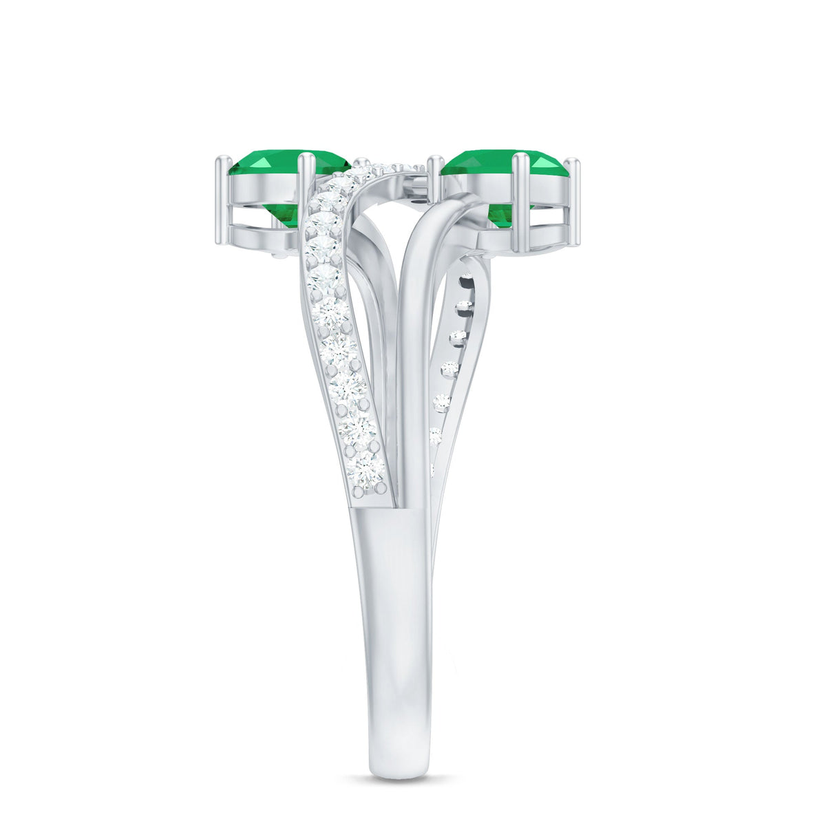 Natural certified emerald two-stone engagement ring with diamonds, featuring a rose gold band and intricate detailing.