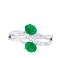 Natural certified emerald two-stone engagement ring with diamonds by Rosec Jewels, showcasing a elegant green gemstone and sparkling accents.