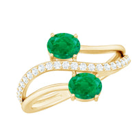 Natural certified emerald two-stone engagement ring with diamond accents from Rosec Jewels showcasing the elegant design and vibrant gemstones.