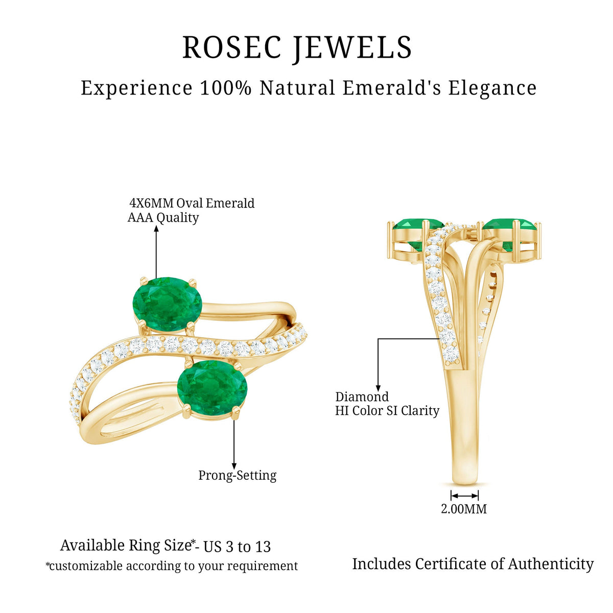 Natural certified emerald two-stone engagement ring with diamond accents from Rosec Jewels, showcasing a elegant green gemstone design.