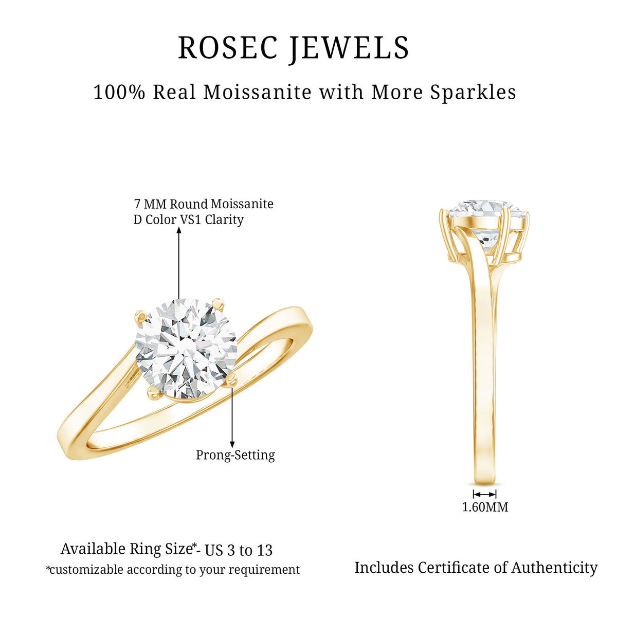 Certified Moissanite Solitaire Engagement Ring with Bypass Shank