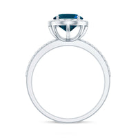 2.5 Carat Oval Cut London Blue Topaz Oblong Engagement Ring with Diamond Halo