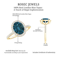 2.5 Carat Oval Cut London Blue Topaz Oblong Engagement Ring with Diamond Halo