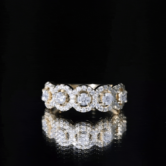 Round cut moissanite halo classic band ring by Rosec Jewels featuring sparkling moissanite stones and a sleek silver band.