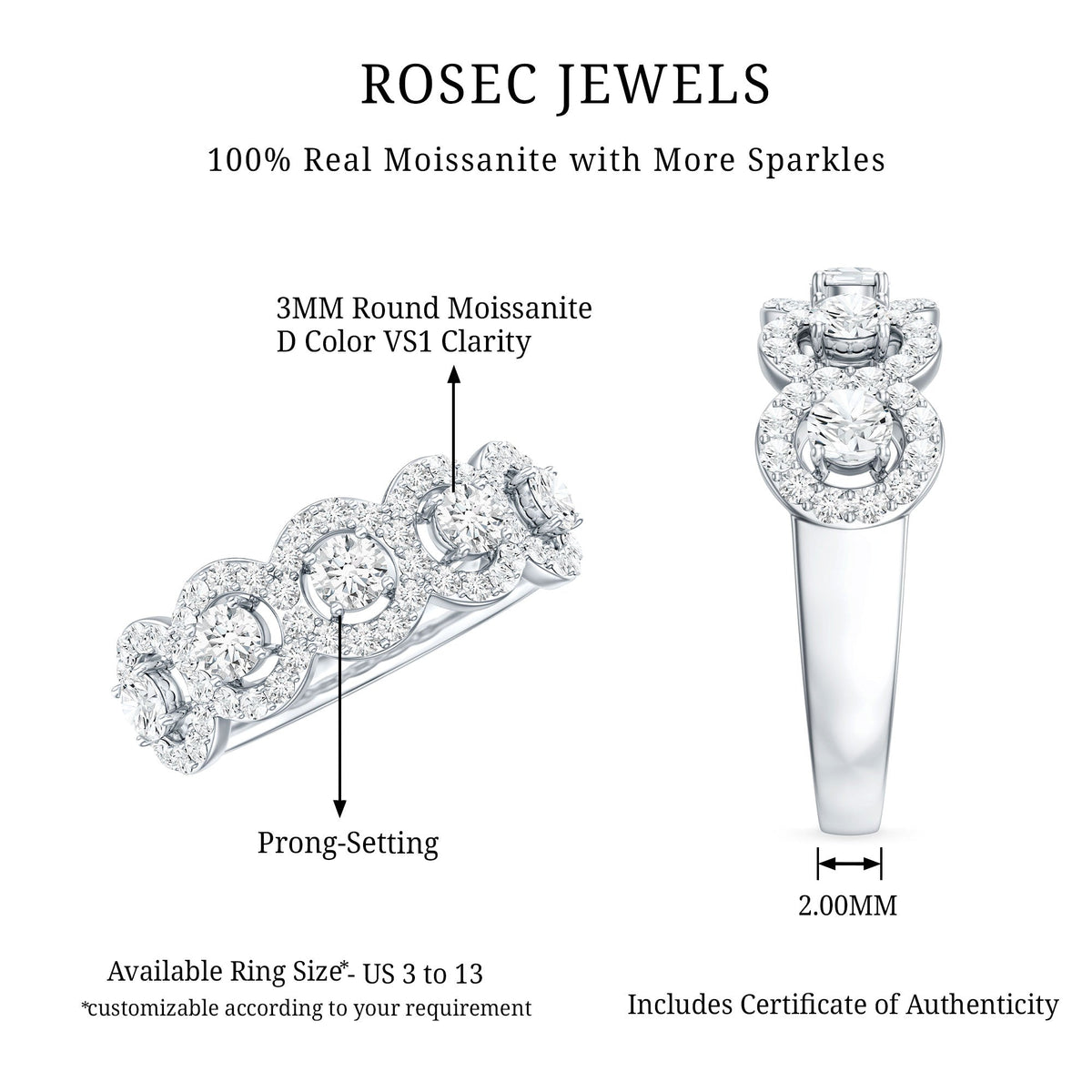 Certified round cut moissanite halo classic band ring by Rosec Jewels, featuring sparkling center stone and elegant design.