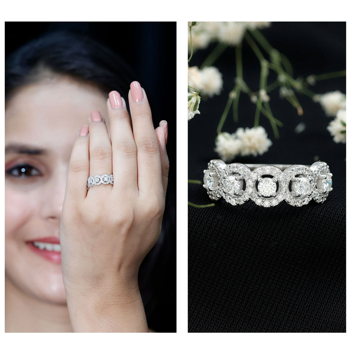 Certified round cut moissanite halo classic band ring with sparkling stones, crafted by Rosec Jewels.