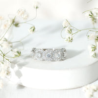 Certified round cut moissanite halo classic band ring by Rosec Jewels, featuring sparkling center stone and intricate band design.