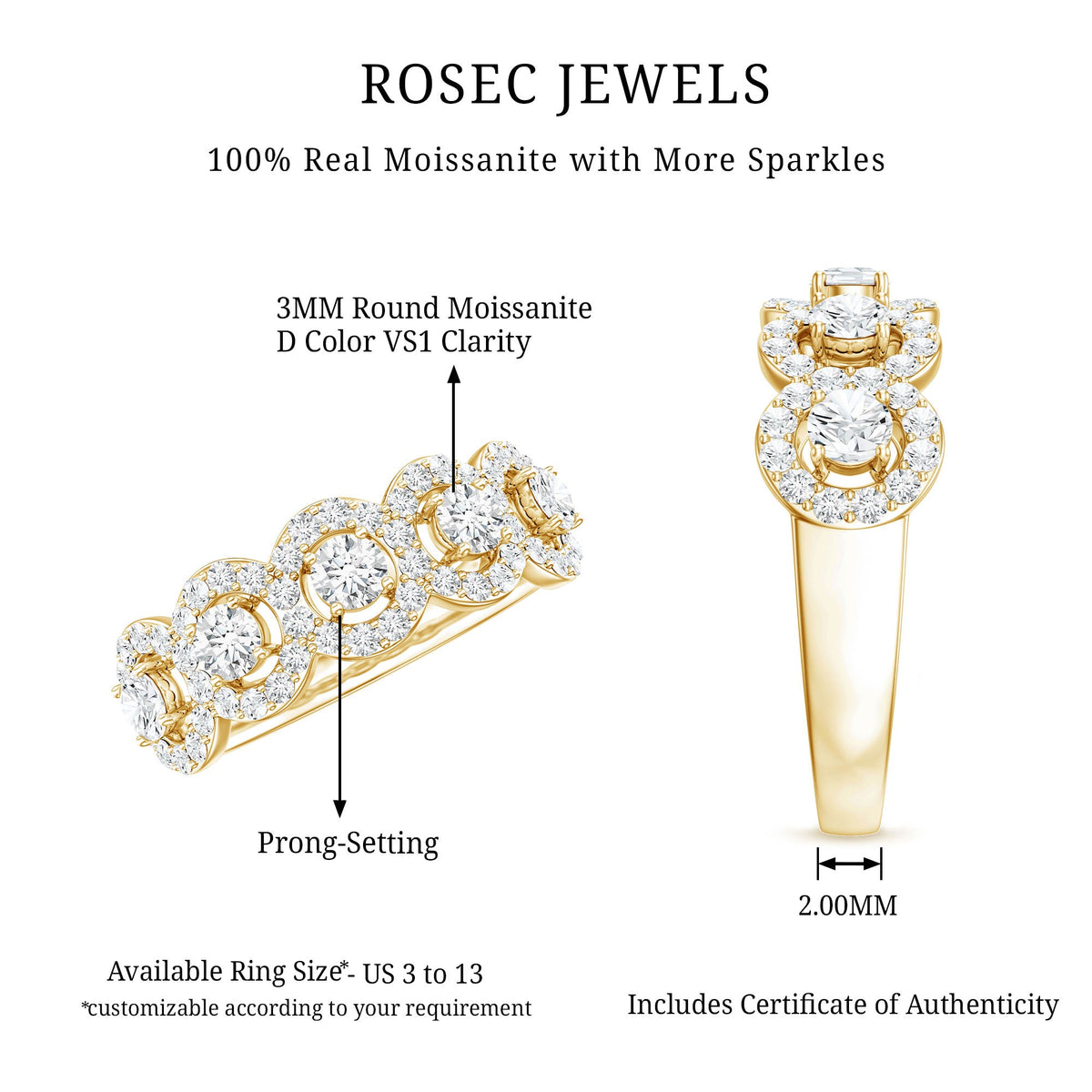 Certified round cut moissanite halo classic band ring by Rosec Jewels, featuring sparkling center stone and elegant design.