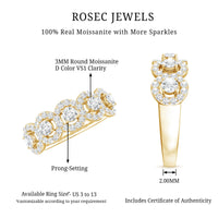 Certified round cut moissanite halo classic band ring by Rosec Jewels, featuring sparkling center stone and elegant design.