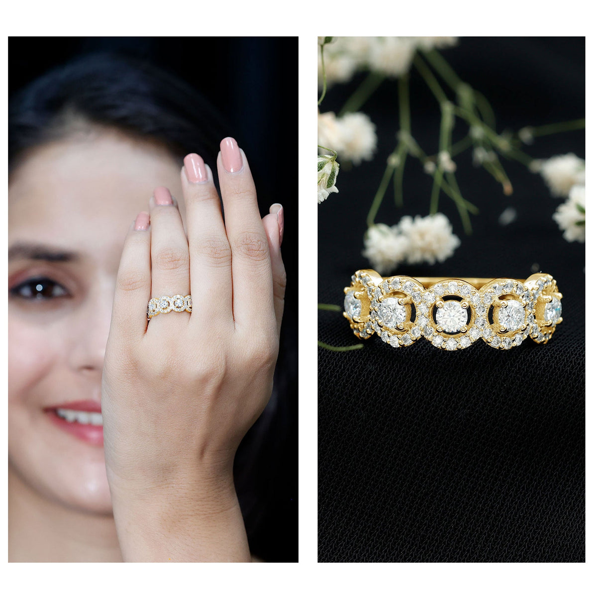 Certified round cut moissanite halo classic band ring by Rosec Jewels, showcasing sparkling center stone and elegant design.