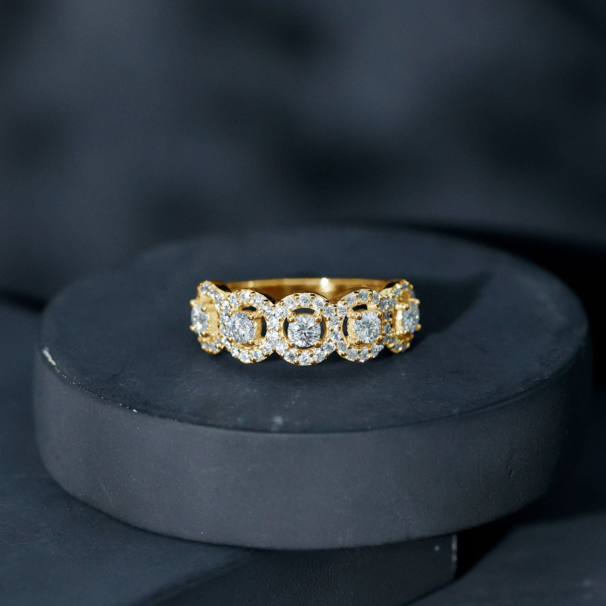 Certified round cut moissanite halo classic band ring by Rosec Jewels, showcasing a sparkling center stone with a detailed band design.