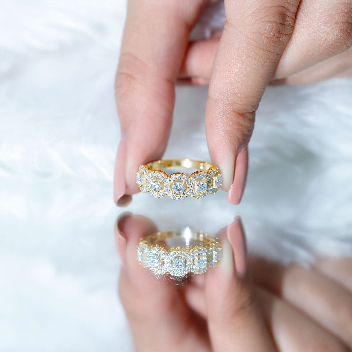 Certified round cut moissanite halo classic band ring by Rosec Jewels, featuring a sparkling moissanite centerpiece and intricate band detail.