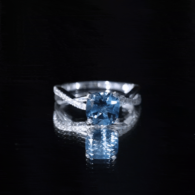 2.8 Carat Cushion Cut London Blue Topaz Solitaire Engagement Ring with Diamond Crossover Shank