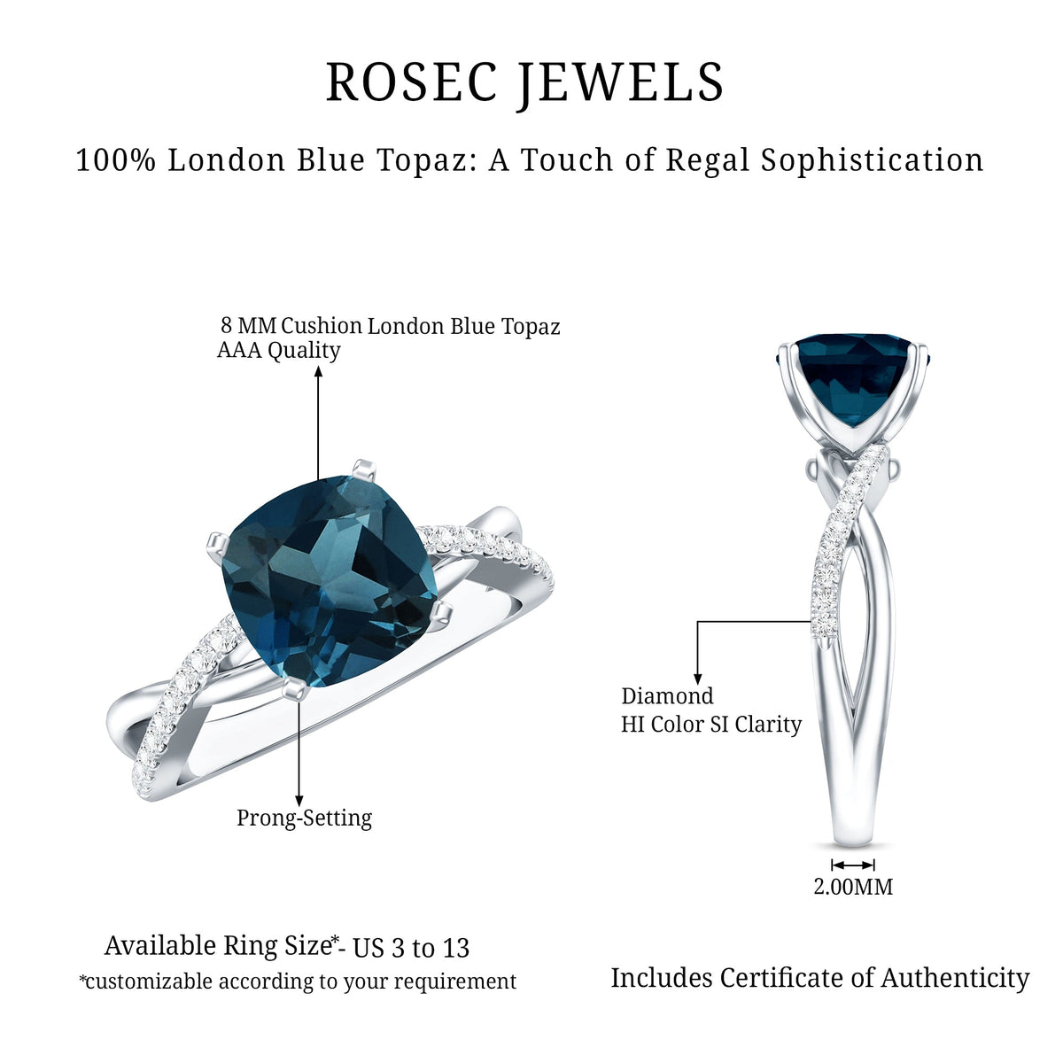 2.8 Carat Cushion Cut London Blue Topaz Solitaire Engagement Ring with Diamond Crossover Shank