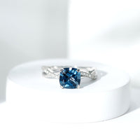 2.8 Carat Cushion Cut London Blue Topaz Solitaire Engagement Ring with Diamond Crossover Shank